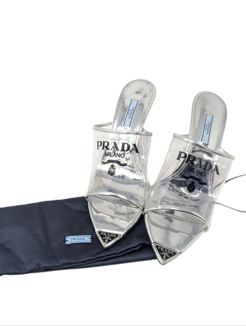Prada PVC Pointed Plexiglass Metallic Triangle Logo Clear Sandal Mule Slides 38 - Picture 12 of 12